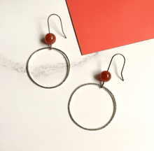 Load image into Gallery viewer, Silver Hoop Earrings with Carnelian Beads
