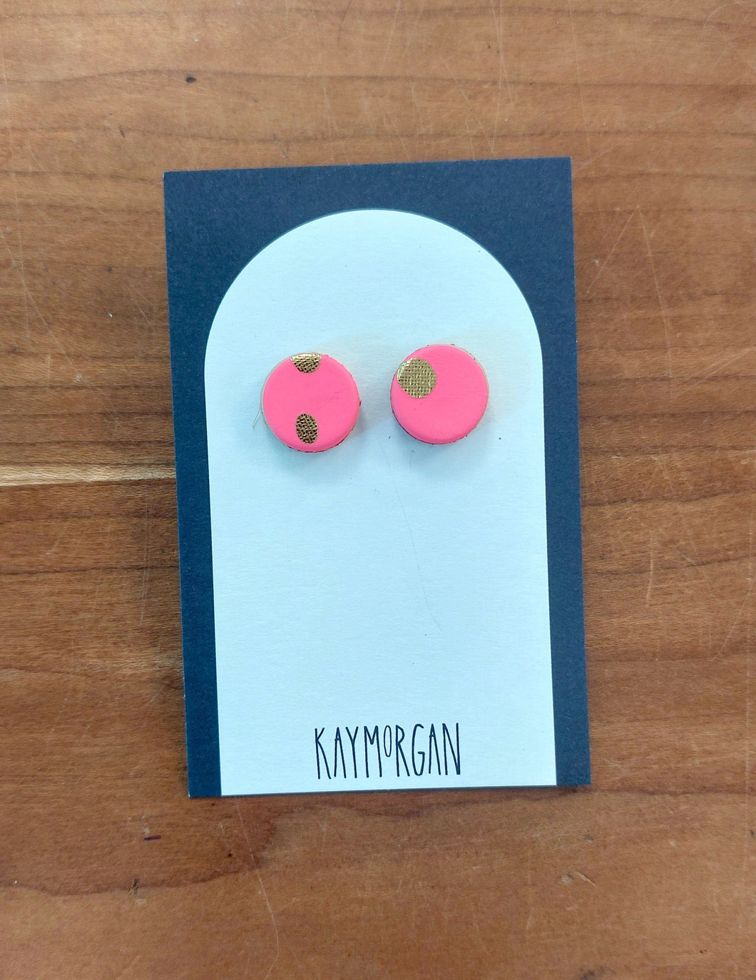 Polka dot small Stud Earrings - gold & fluoro pink