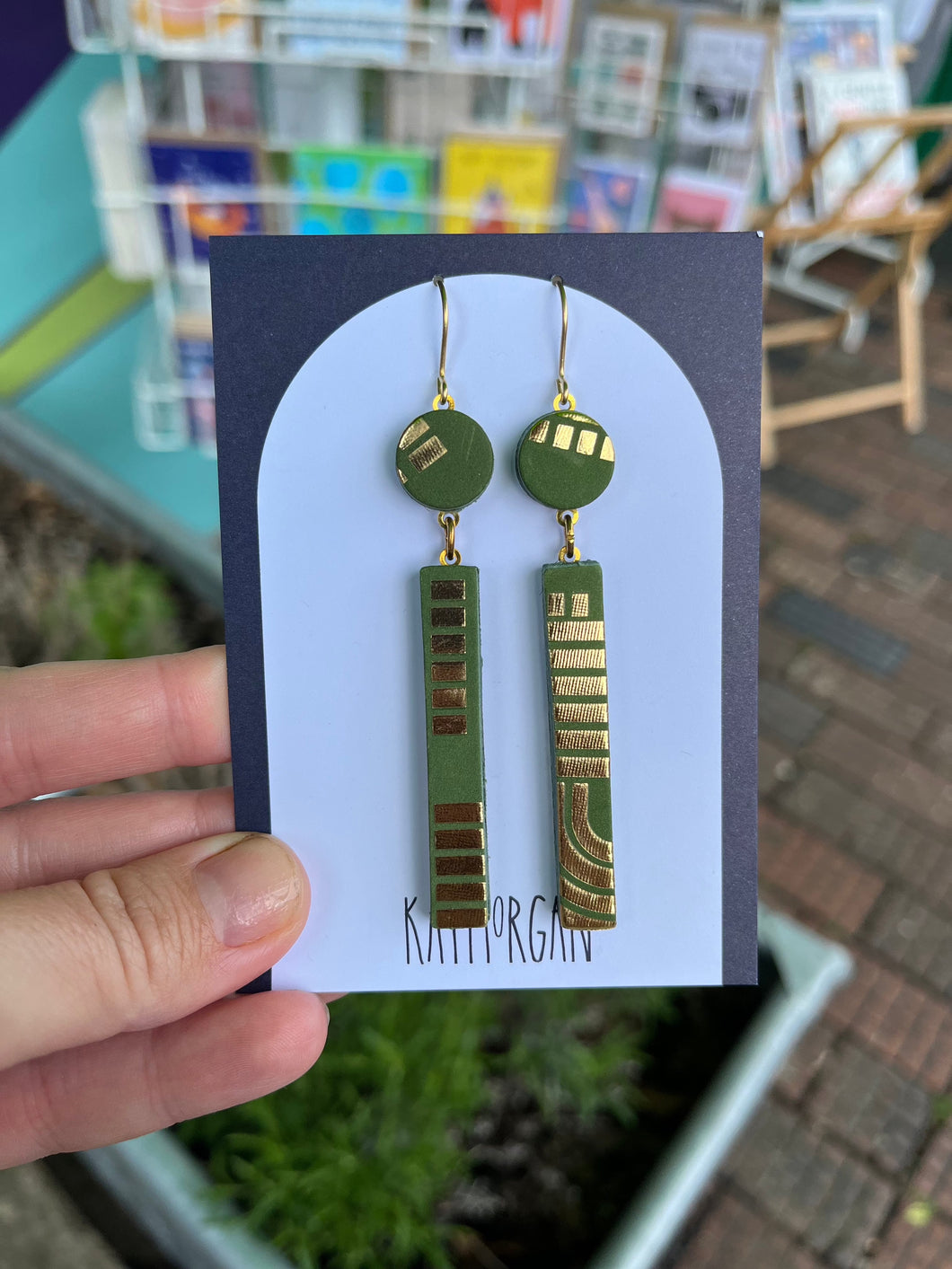 Long Block Earrings - Olive & Gold