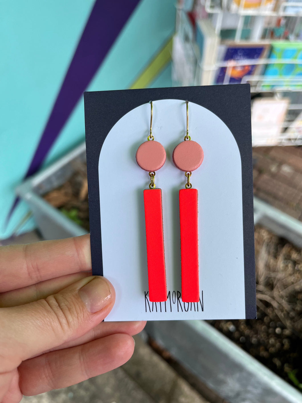 Long Block Earrings - Florescent Orange & Gold