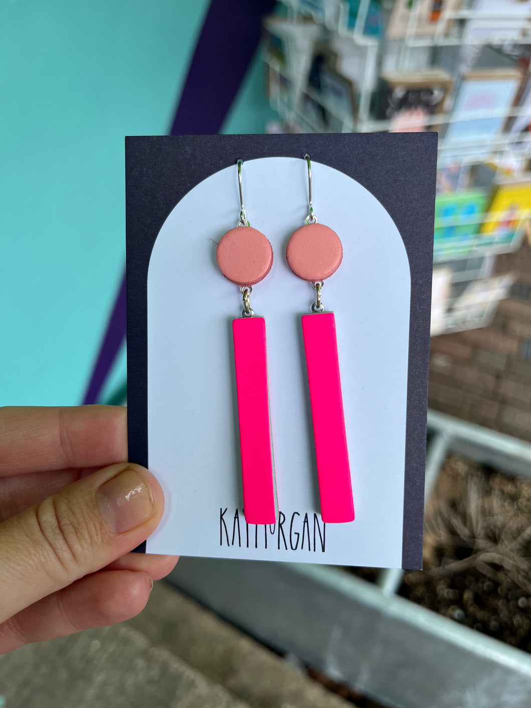 Long Block Earrings - Fluorescent Pink & Pale Pink