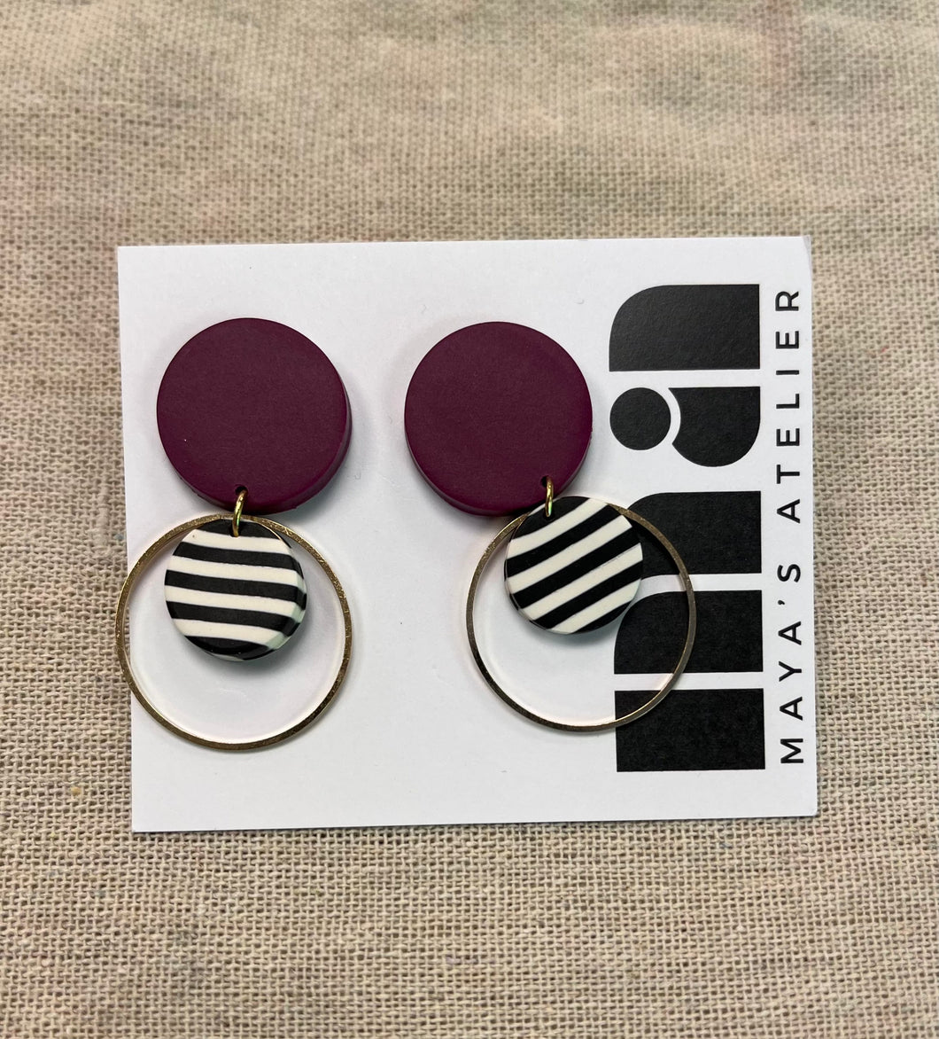 Angela: Plum & Striped Earrings - Gold