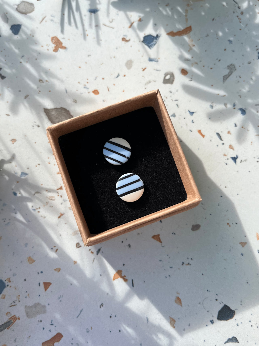 Striped Round Stud Earrings - Blue/ Black/ Cream