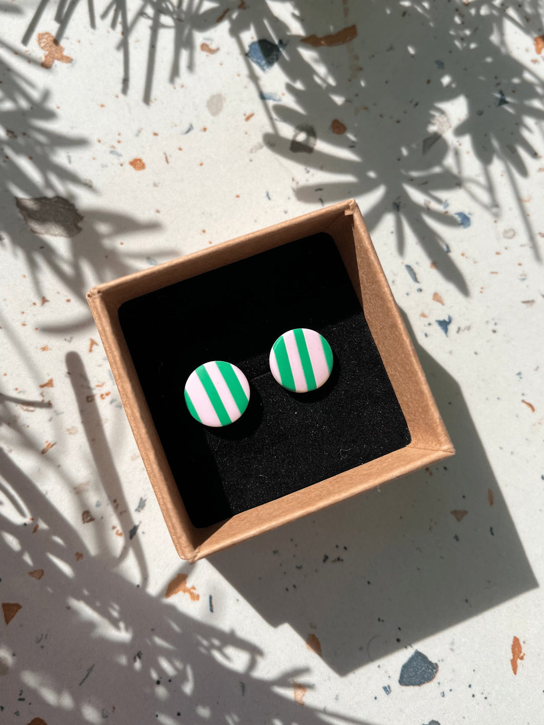 Striped Round Stud Earrings- Pink/ Green