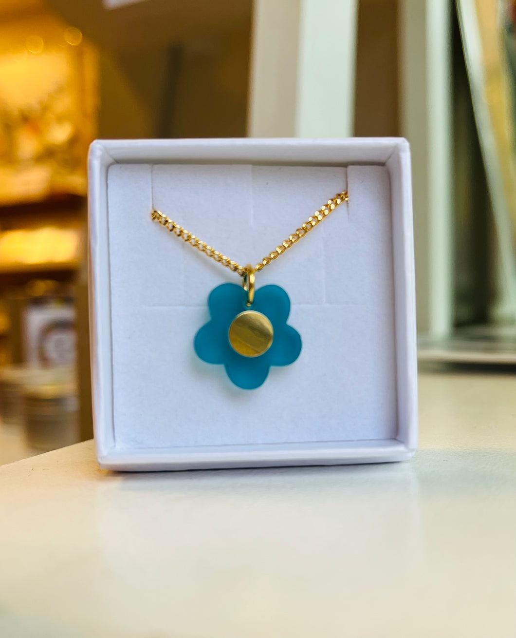 Flower Pendant with Brass Inlay - Turquoise