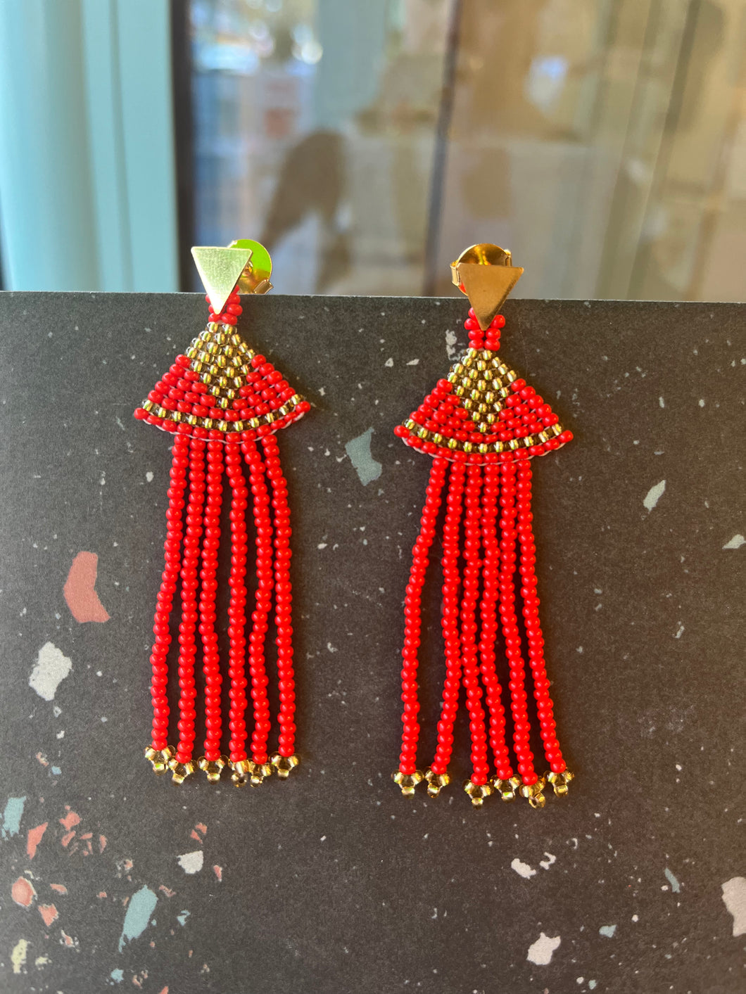 Beaded Stud Earrings - Red & Gold