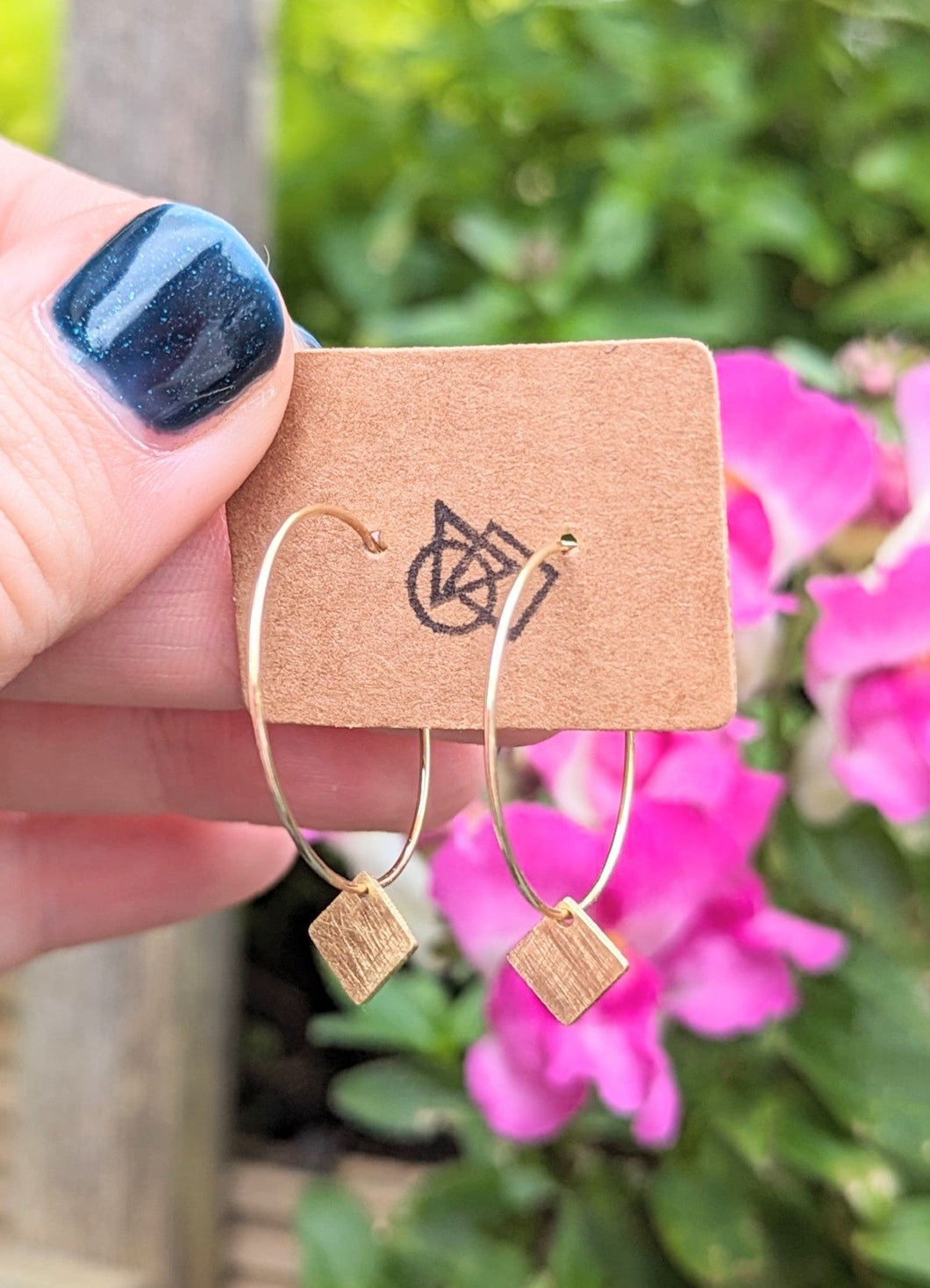 Brushed Brass Squares on Gold Plated Hoops