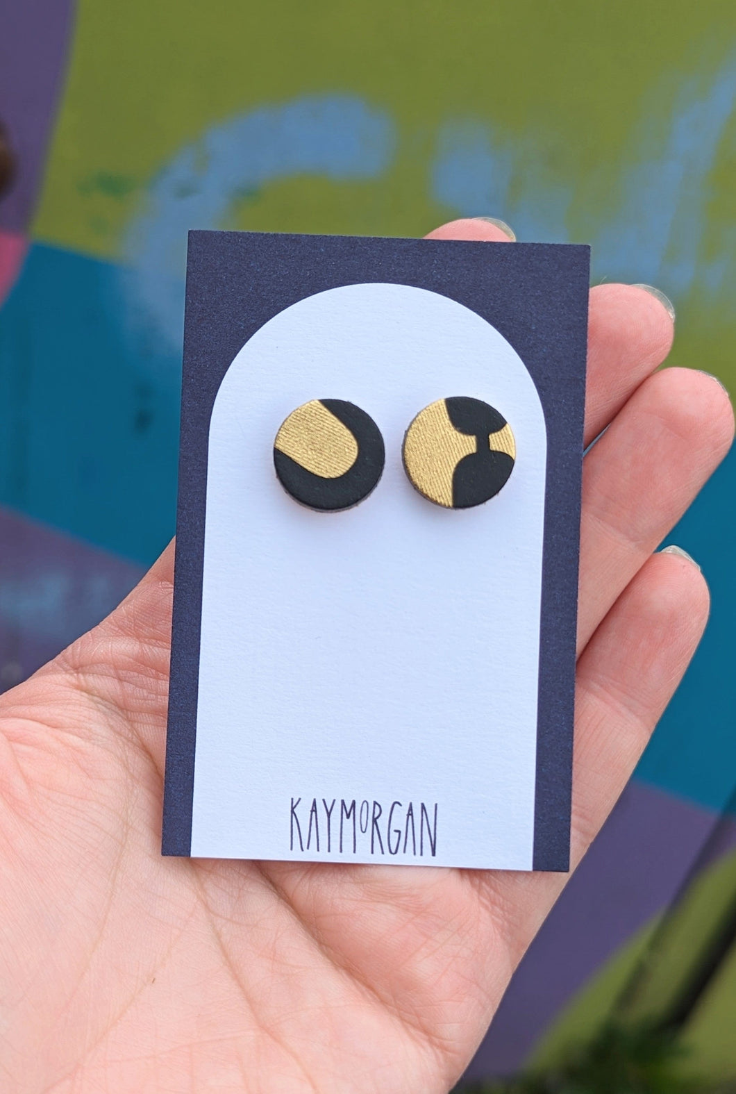 Medium Circle Studs/ Black & Gold