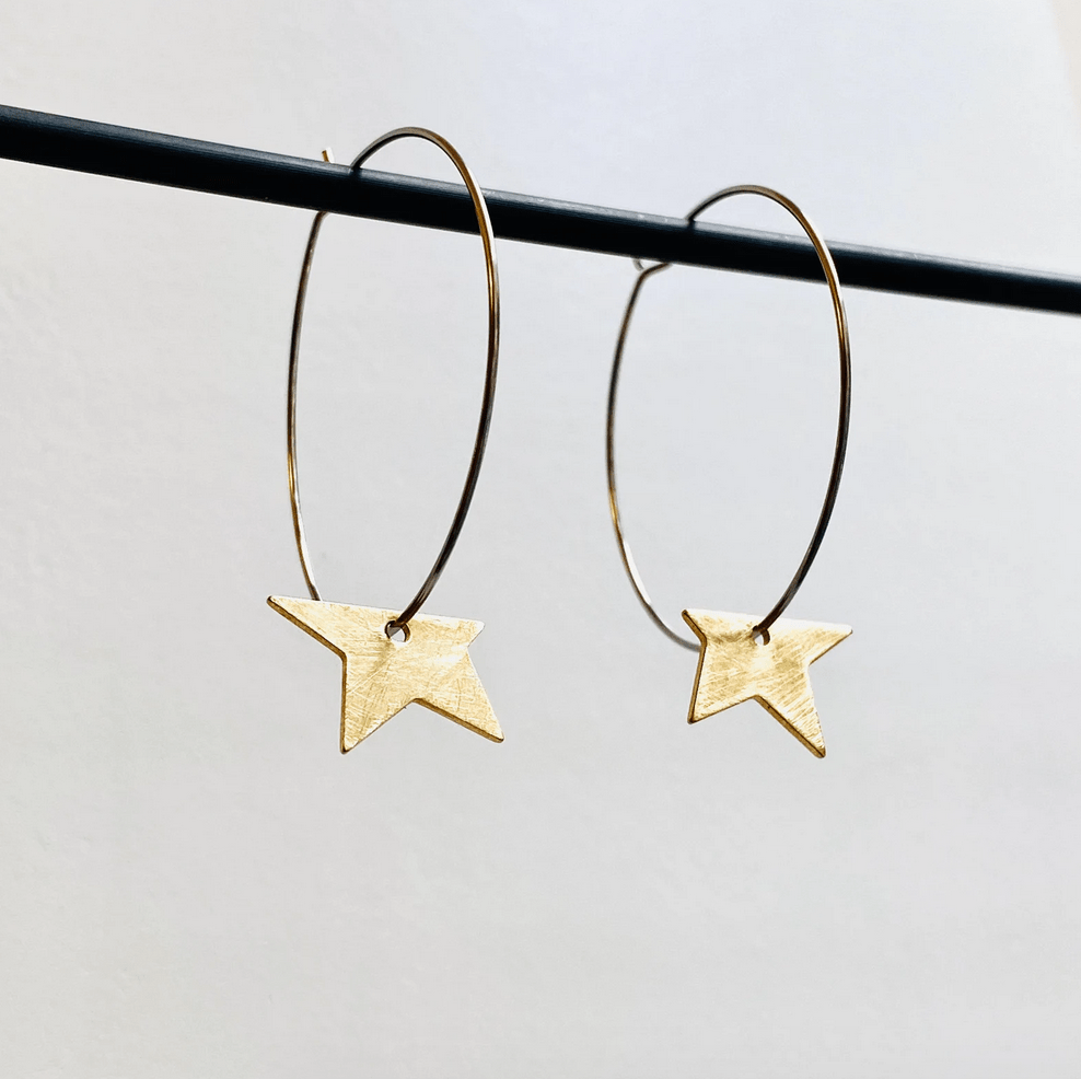 Brushed Raw Brass Half Star Hoop Earrings