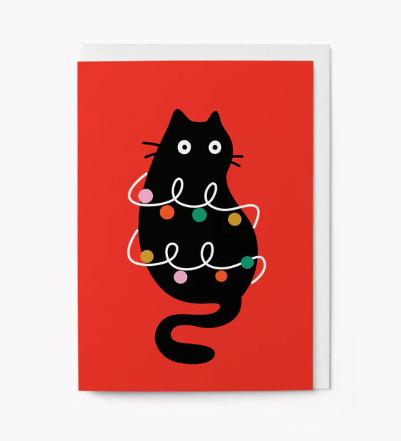 Cat in christmas lights card