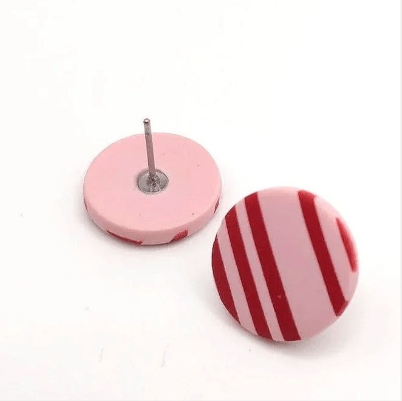 Striiped Round Stud Earrings- Pink/ Red