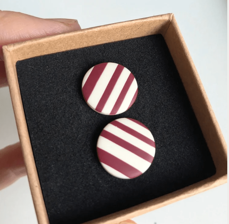 Striped Round Stud Earrings- Cream/ Burgandy