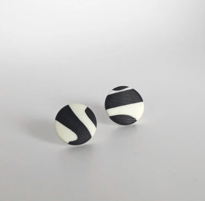 Block Shape Stud Earrings - Black/ Cream