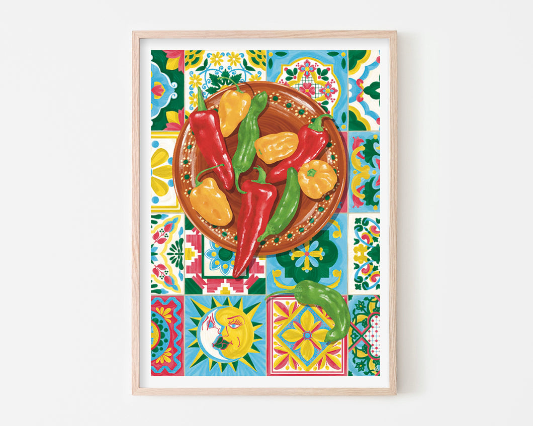 Mexican Chillies over Tiles Digital Print