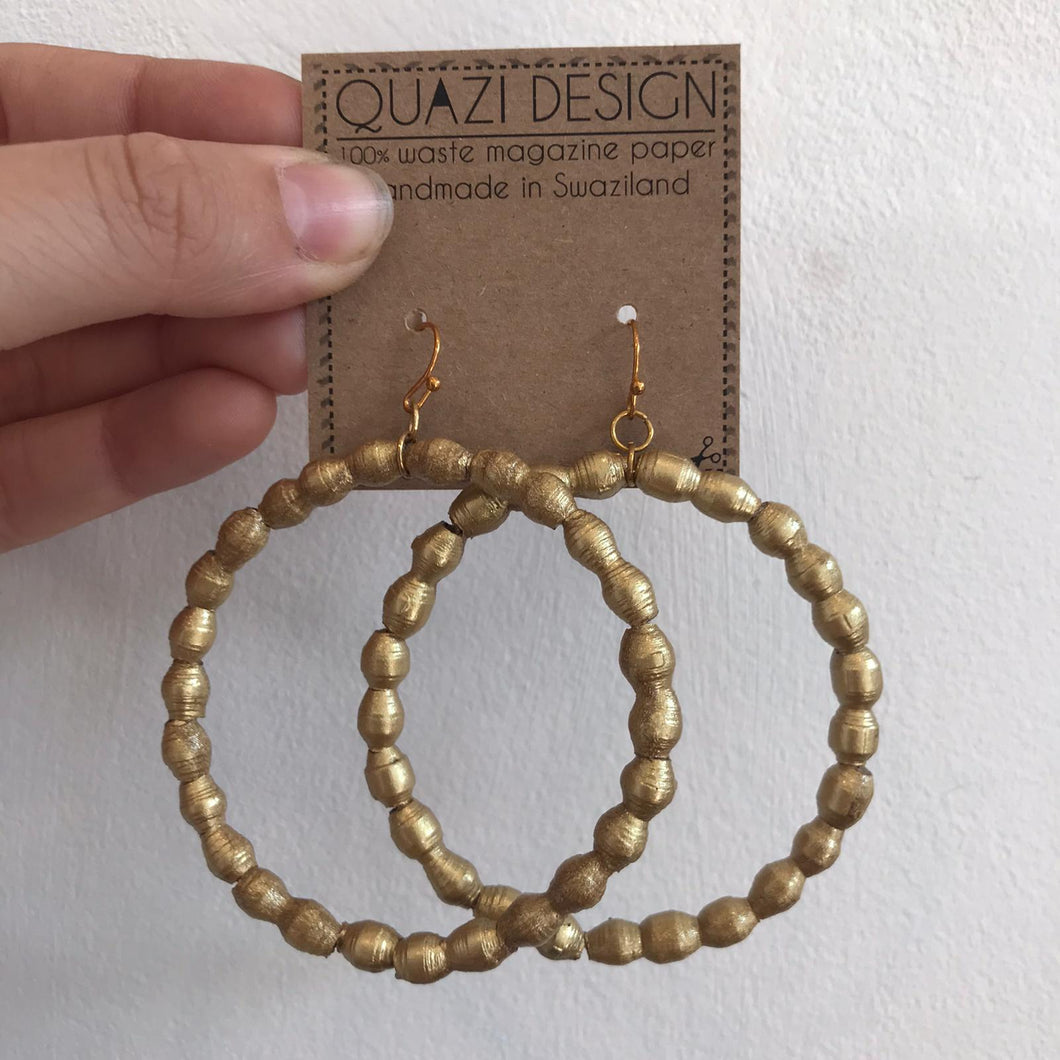 Large Bead Hoop handmade paper earrings - Gold