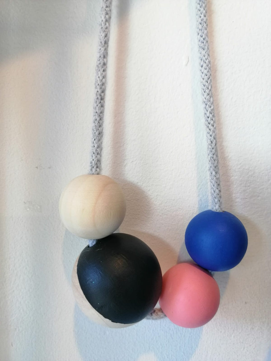 Black, coral, lapis blue and natural wood PLANET necklace