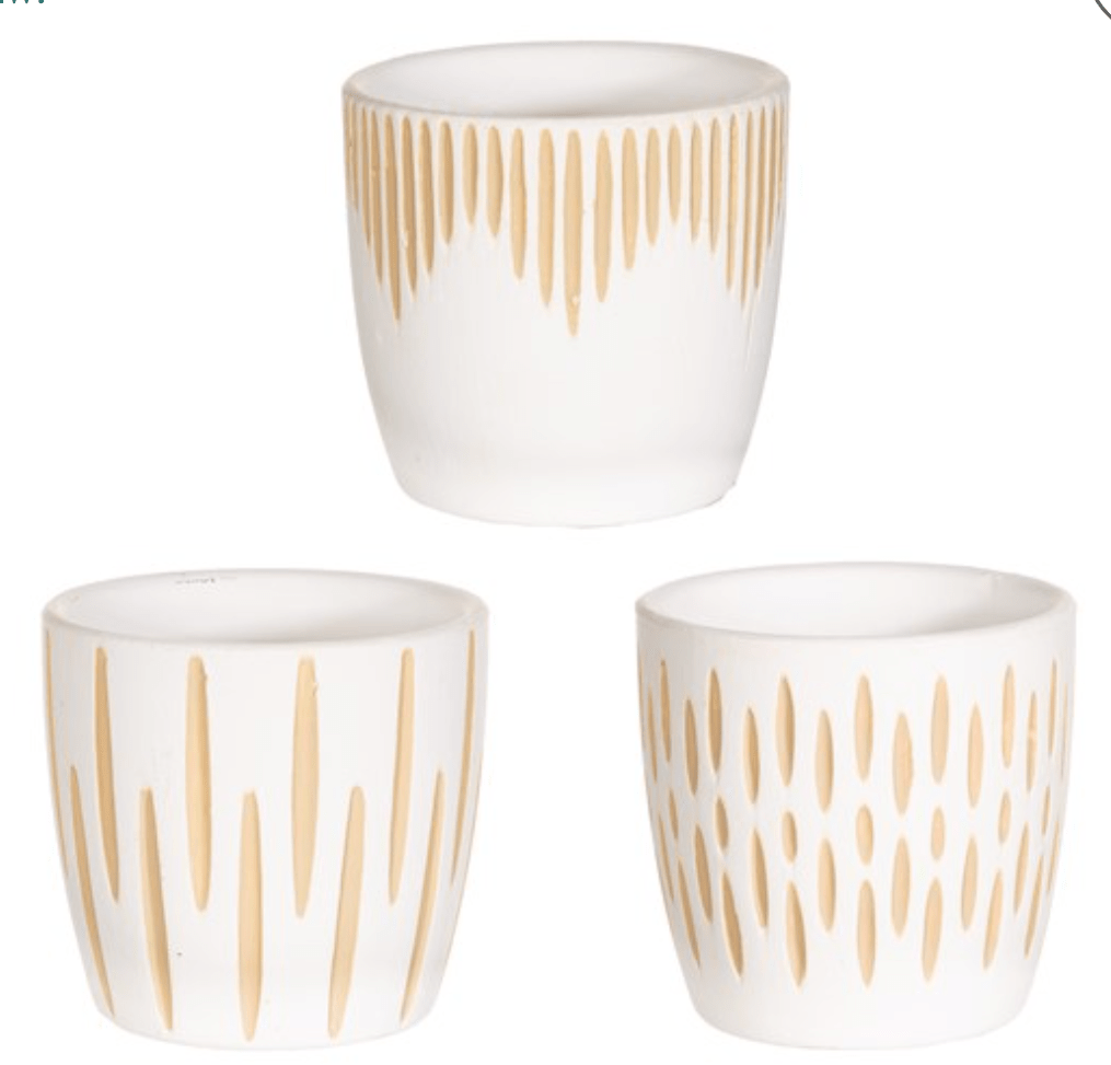 Set of Three White Sgraffito Mini Planters