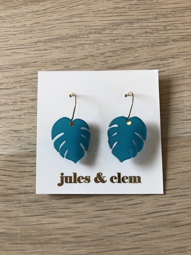 Mini Monstera Drop Earrings -  Teal