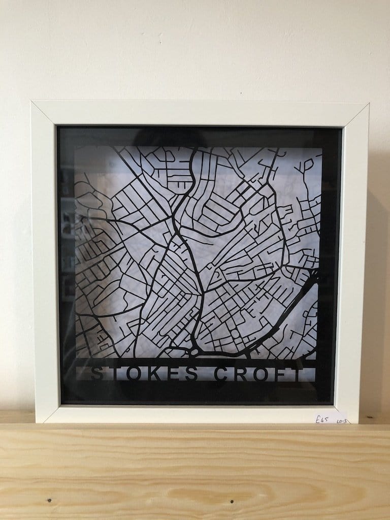 Stokes croft: white frame, black roads